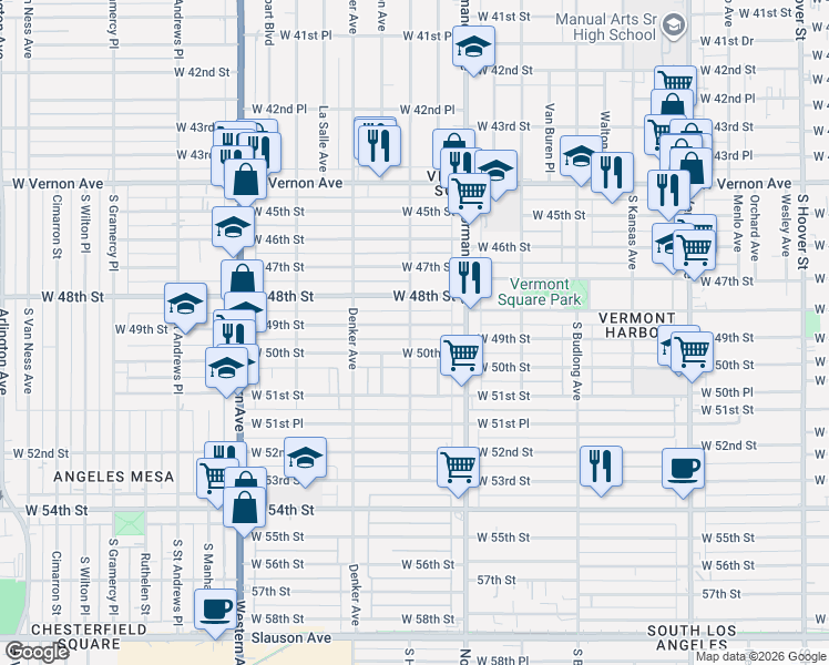 map of restaurants, bars, coffee shops, grocery stores, and more near 1452 West 49th Street in Los Angeles