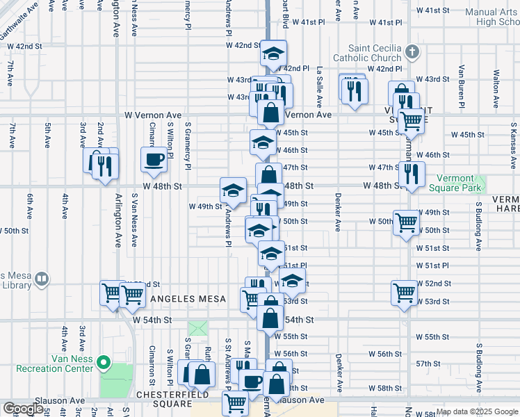 map of restaurants, bars, coffee shops, grocery stores, and more near 1708 West 49th Street in Los Angeles