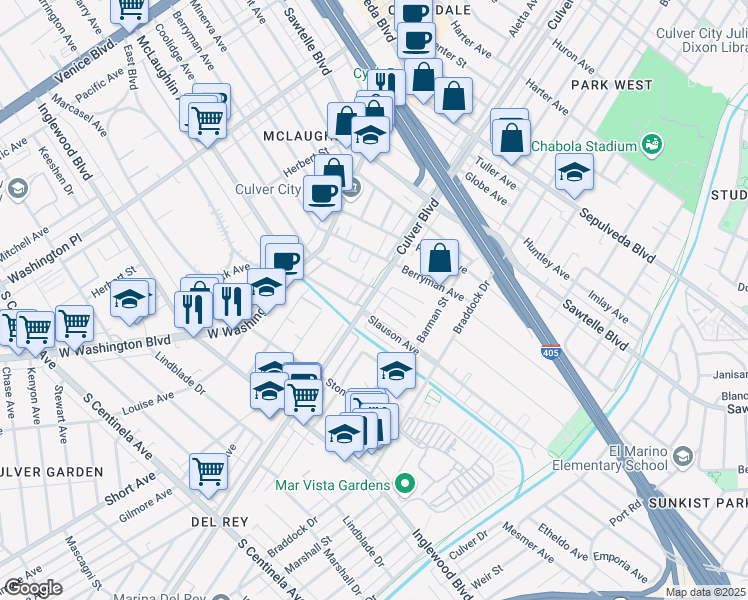 map of restaurants, bars, coffee shops, grocery stores, and more near 11612 Culver Boulevard in Los Angeles