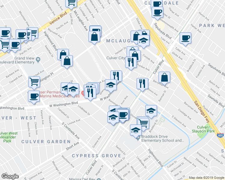 map of restaurants, bars, coffee shops, grocery stores, and more near 11791 Washington Boulevard in Los Angeles