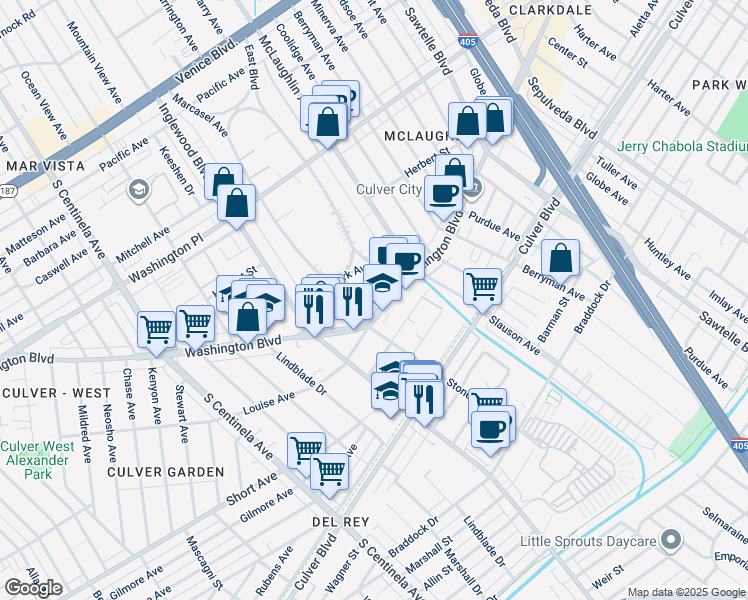 map of restaurants, bars, coffee shops, grocery stores, and more near 11791 Washington Boulevard in Los Angeles