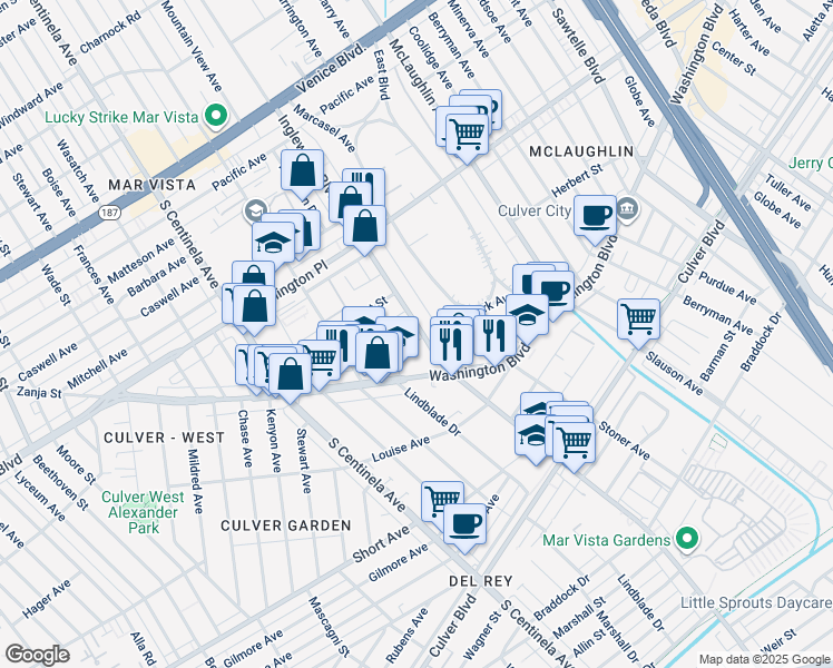 map of restaurants, bars, coffee shops, grocery stores, and more near 12002 Sylvester Street in Los Angeles