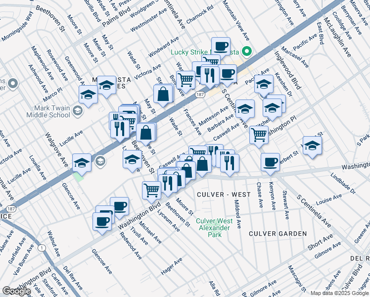 map of restaurants, bars, coffee shops, grocery stores, and more near 12720 Matteson Avenue in Los Angeles
