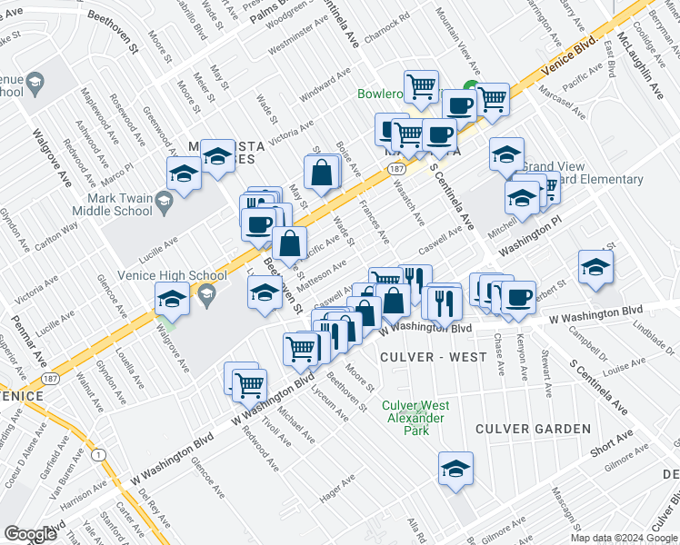 map of restaurants, bars, coffee shops, grocery stores, and more near 12720 Matteson Avenue in Los Angeles