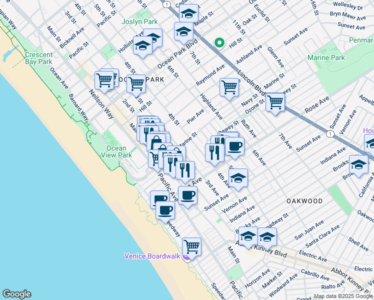 map of restaurants, bars, coffee shops, grocery stores, and more near 200 3rd Avenue in Los Angeles