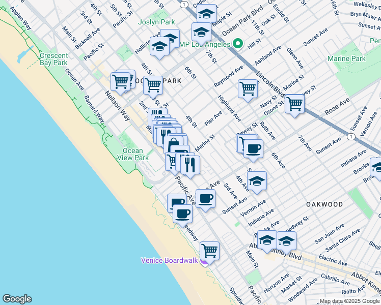 map of restaurants, bars, coffee shops, grocery stores, and more near 3017 2nd Street in Santa Monica