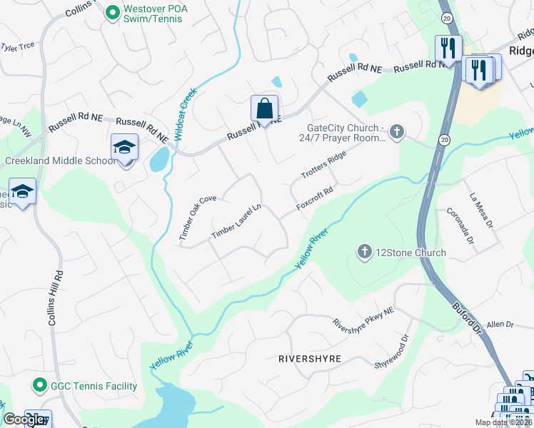 map of restaurants, bars, coffee shops, grocery stores, and more near 330 Timber Laurel Lane in Lawrenceville