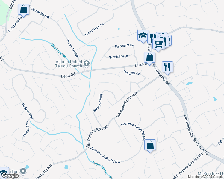 map of restaurants, bars, coffee shops, grocery stores, and more near 2055 Springer Walk in Lawrenceville