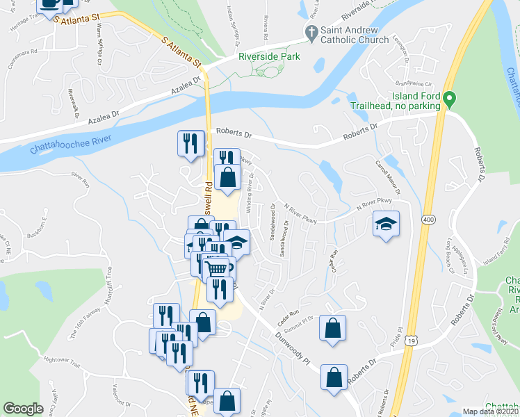 map of restaurants, bars, coffee shops, grocery stores, and more near 335 Winding River Drive in Atlanta