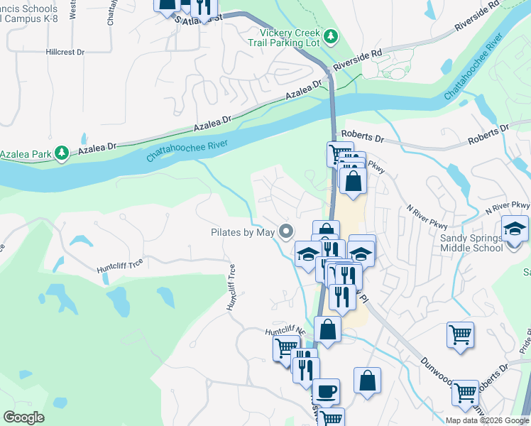 map of restaurants, bars, coffee shops, grocery stores, and more near 233 Huntcliff Village Court in Sandy Springs