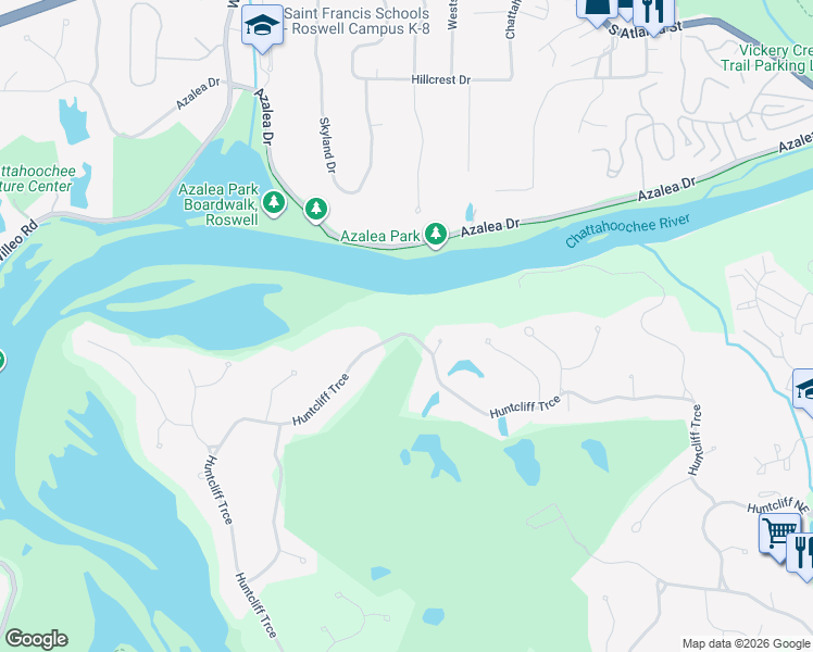 map of restaurants, bars, coffee shops, grocery stores, and more near 9135 Huntcliff Trace in Atlanta