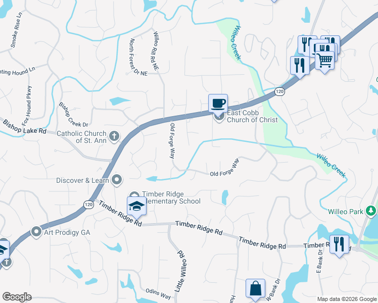 map of restaurants, bars, coffee shops, grocery stores, and more near 2102 Castlewycke Court in Marietta
