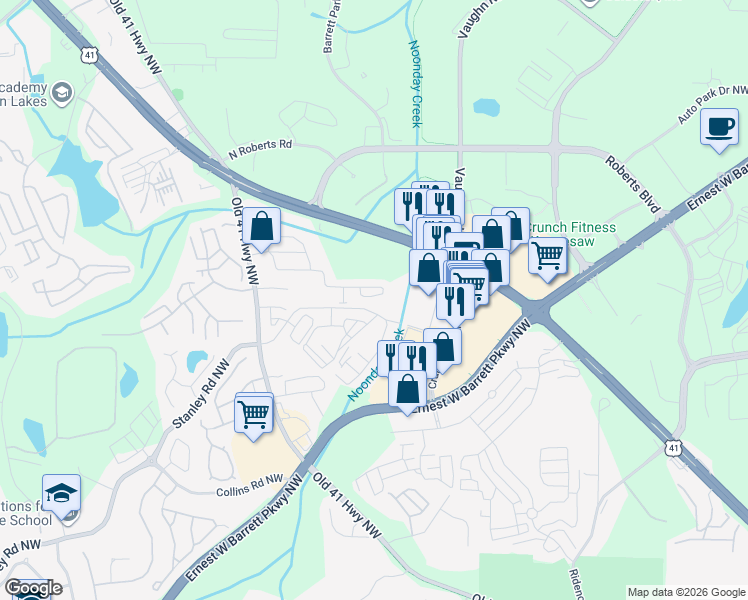 map of restaurants, bars, coffee shops, grocery stores, and more near 1384 Dolcetto Trace in Kennesaw