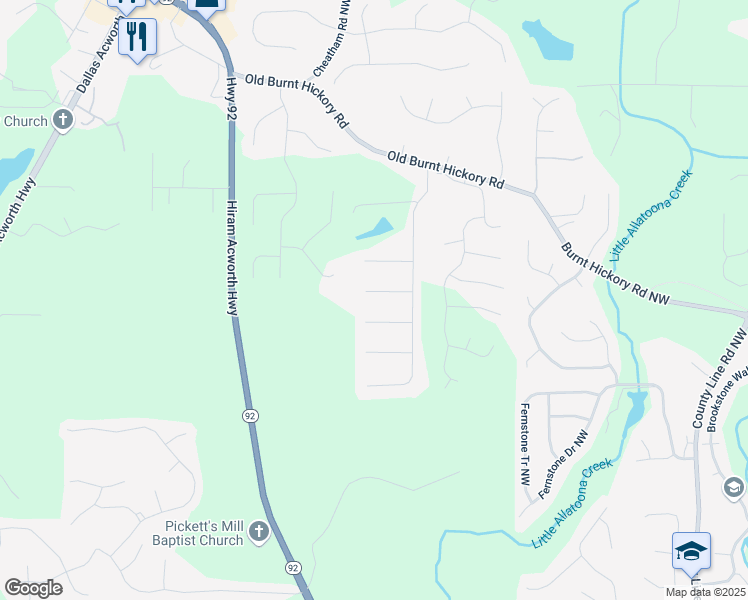 map of restaurants, bars, coffee shops, grocery stores, and more near 101 Hickory Leaf Lane in Acworth