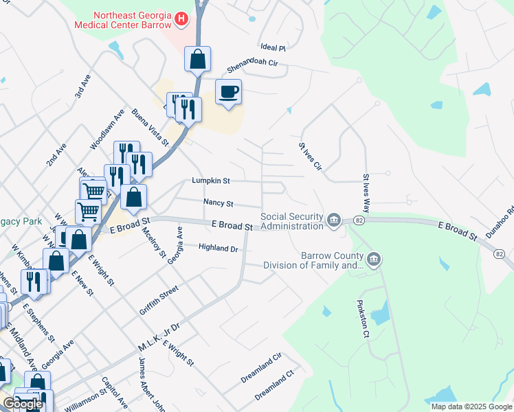 map of restaurants, bars, coffee shops, grocery stores, and more near 332a Nancy Street in Winder