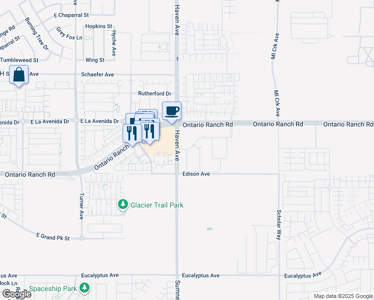map of restaurants, bars, coffee shops, grocery stores, and more near South Limecrest Paseo in Ontario