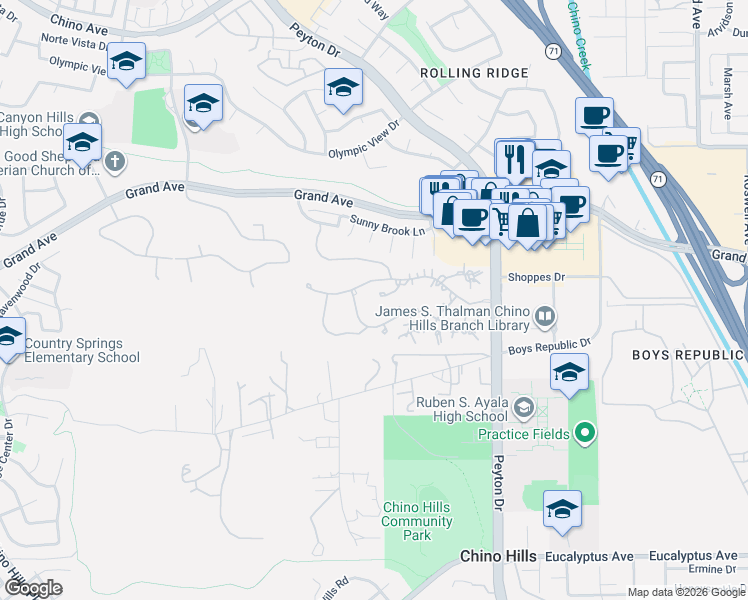 map of restaurants, bars, coffee shops, grocery stores, and more near 13988 Break of Day Court in Chino Hills