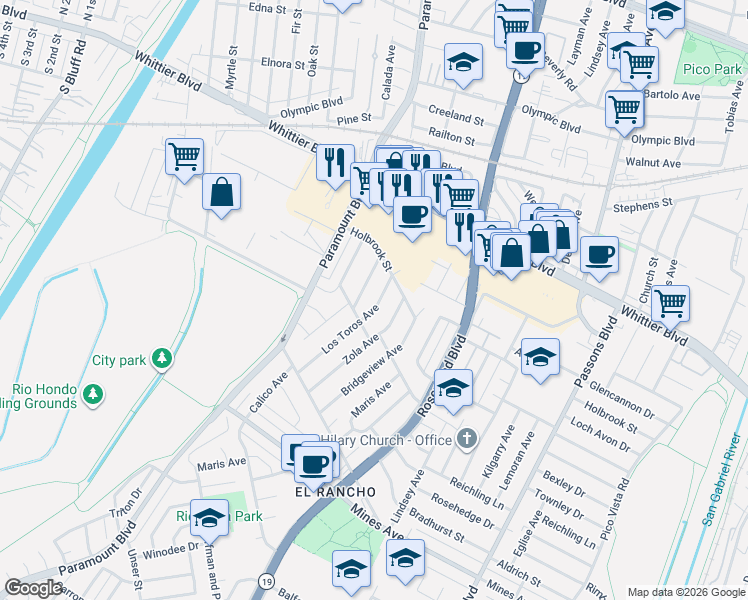 map of restaurants, bars, coffee shops, grocery stores, and more near 5239 Los Toros Avenue in Pico Rivera