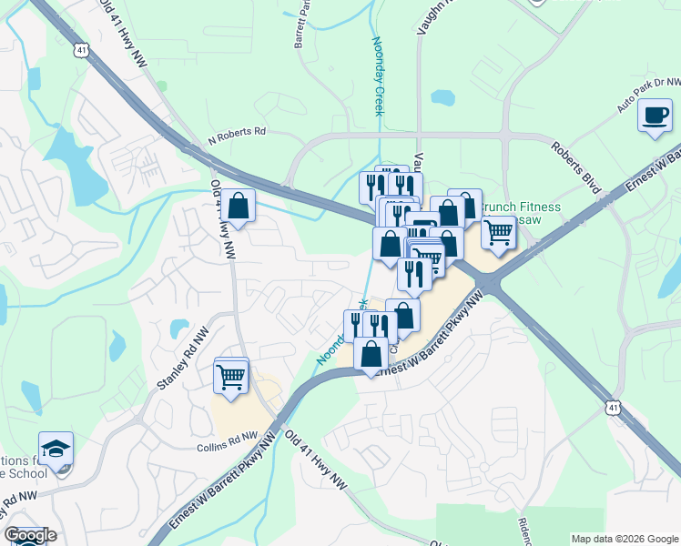 map of restaurants, bars, coffee shops, grocery stores, and more near 1384 Dolcetto Trace in Kennesaw