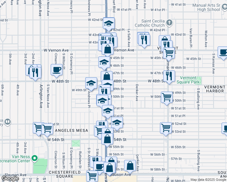 map of restaurants, bars, coffee shops, grocery stores, and more near 1632 West 49th Street in Los Angeles