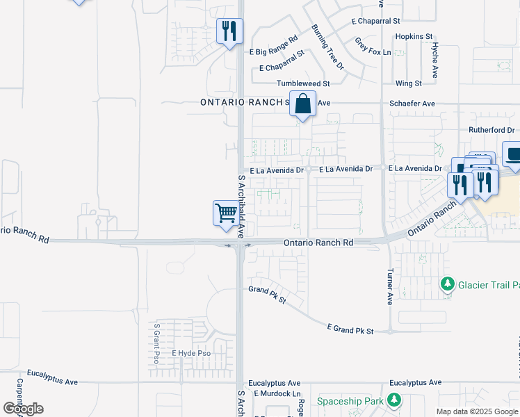 map of restaurants, bars, coffee shops, grocery stores, and more near 2765 East Kendall Lane in Ontario