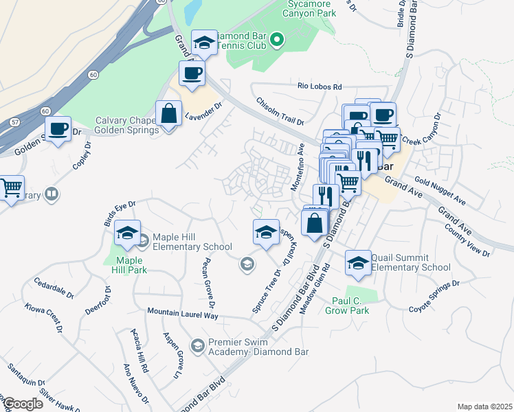 map of restaurants, bars, coffee shops, grocery stores, and more near 1404 Bodega Way in Diamond Bar