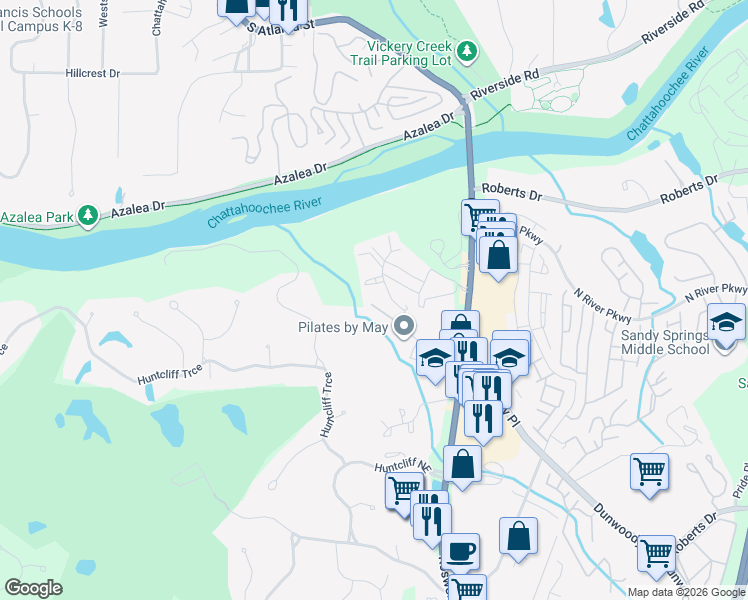 map of restaurants, bars, coffee shops, grocery stores, and more near 233 Huntcliff Village Court in Sandy Springs