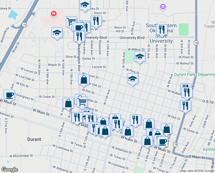 map of restaurants, bars, coffee shops, grocery stores, and more near 616 North 11th Avenue in Durant