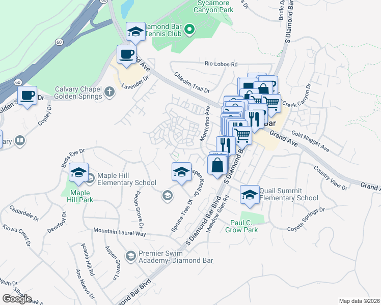 map of restaurants, bars, coffee shops, grocery stores, and more near 22905 Colombard Lane in Diamond Bar