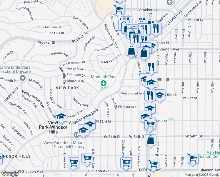map of restaurants, bars, coffee shops, grocery stores, and more near 3662 Olympiad Drive in View Park-Windsor Hills