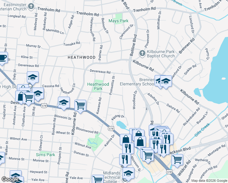 map of restaurants, bars, coffee shops, grocery stores, and more near 802 Poinsettia Street in Columbia