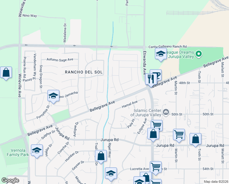 map of restaurants, bars, coffee shops, grocery stores, and more near 4888 Magnum Way in Jurupa Valley