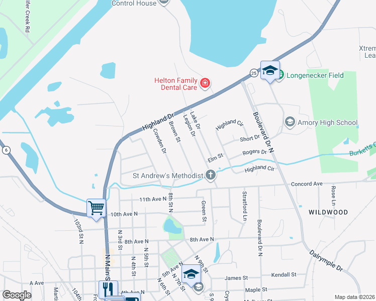 map of restaurants, bars, coffee shops, grocery stores, and more near 1209 Legion Drive in Amory