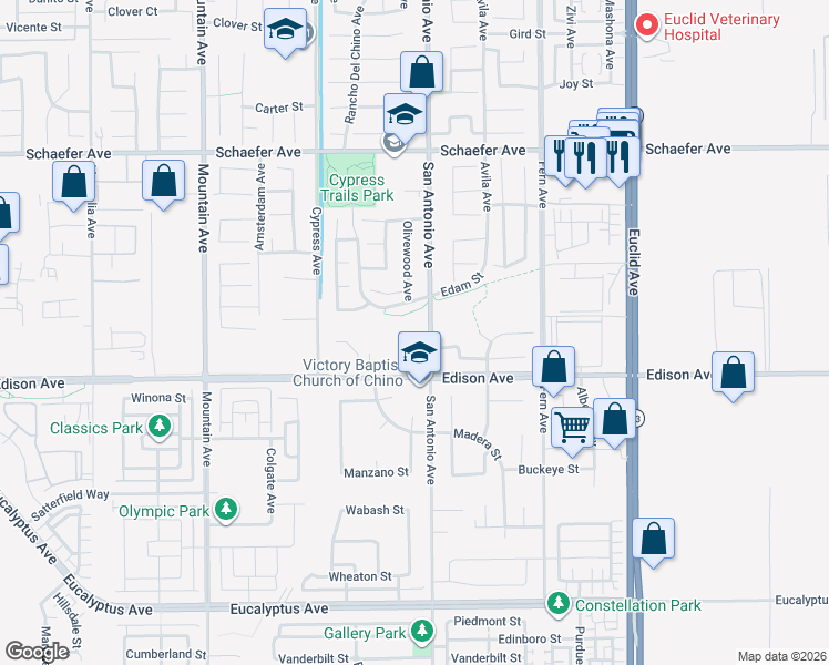 map of restaurants, bars, coffee shops, grocery stores, and more near 2-3 San Antonio Avenue in Chino