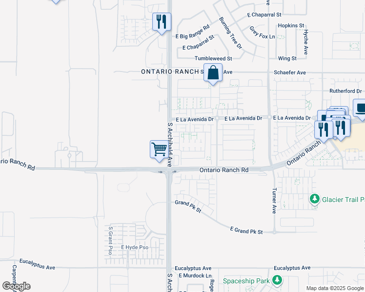 map of restaurants, bars, coffee shops, grocery stores, and more near 2765 East Kendall Lane in Ontario