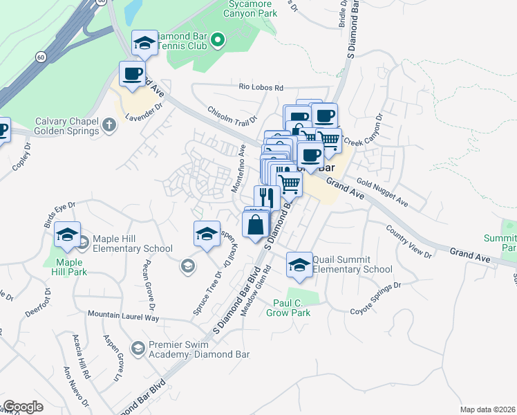 map of restaurants, bars, coffee shops, grocery stores, and more near 23030 Paseo De Terrado in Diamond Bar