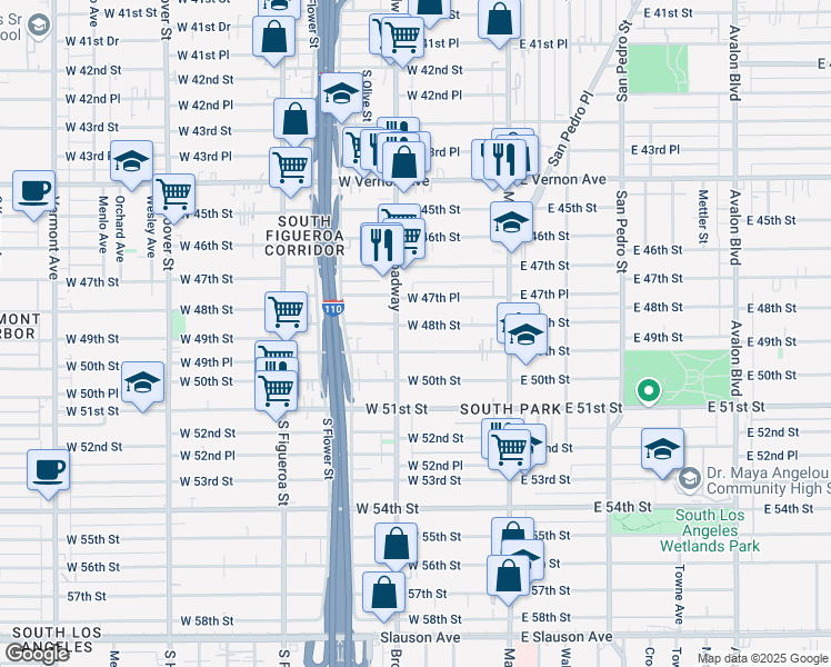 map of restaurants, bars, coffee shops, grocery stores, and more near 4800 South Broadway in Los Angeles