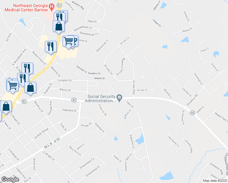 map of restaurants, bars, coffee shops, grocery stores, and more near 8 Candlewood Terrace Northeast in Winder