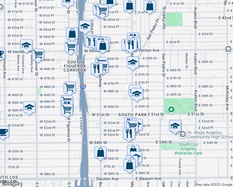 map of restaurants, bars, coffee shops, grocery stores, and more near 160 West 48th Street in Los Angeles