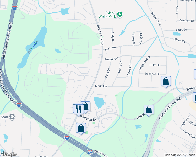 map of restaurants, bars, coffee shops, grocery stores, and more near 1944 Bells Ferry Road in Marietta