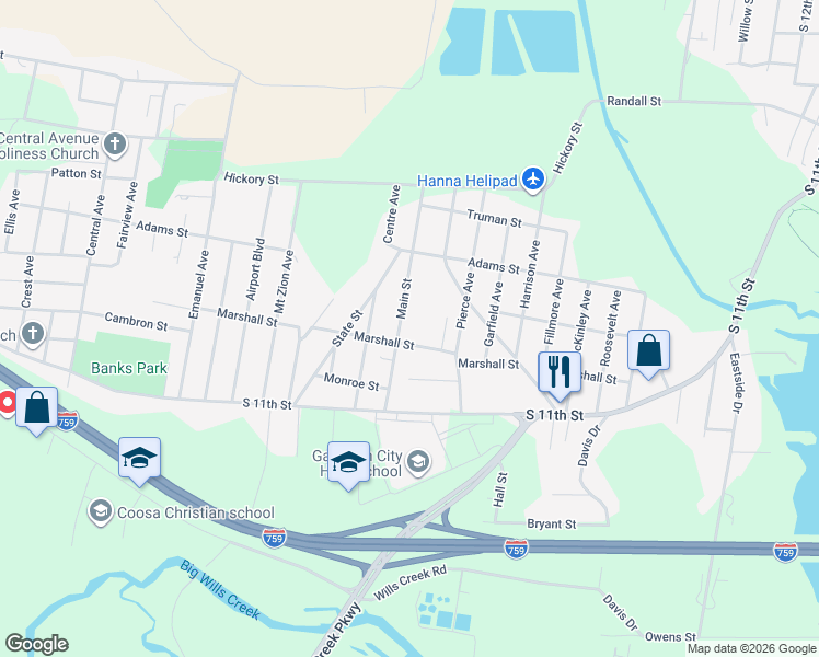 map of restaurants, bars, coffee shops, grocery stores, and more near 1604 Main Street in Gadsden