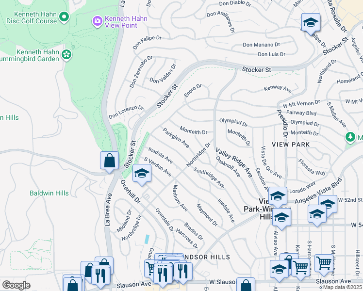 map of restaurants, bars, coffee shops, grocery stores, and more near 4915 Parkglen Avenue in View Park-Windsor Hills