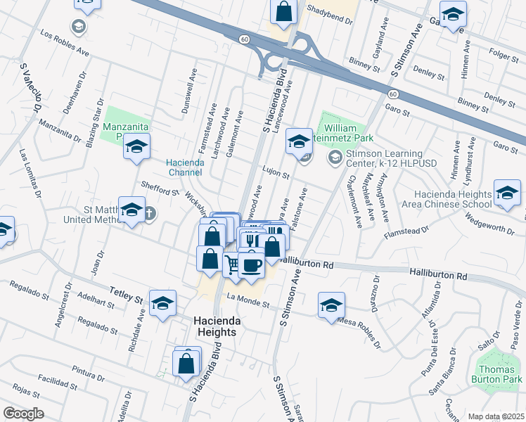 map of restaurants, bars, coffee shops, grocery stores, and more near 1831 Olympus Avenue in Hacienda Heights