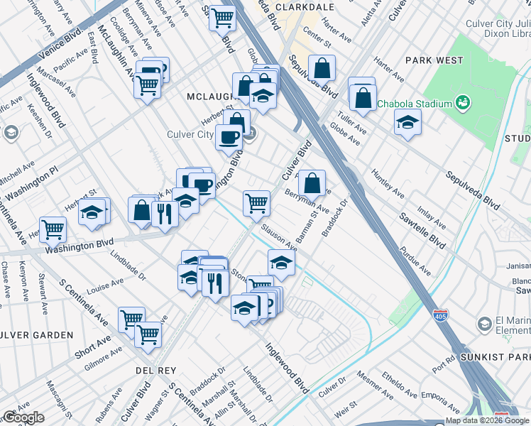 map of restaurants, bars, coffee shops, grocery stores, and more near 11612 Culver Boulevard in Los Angeles