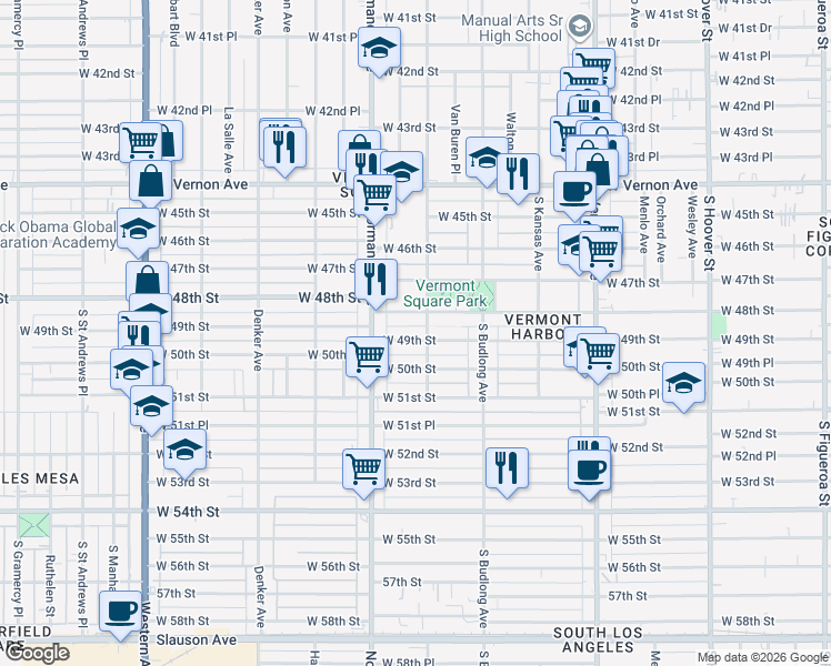 map of restaurants, bars, coffee shops, grocery stores, and more near 1311 West 49th Street in Los Angeles
