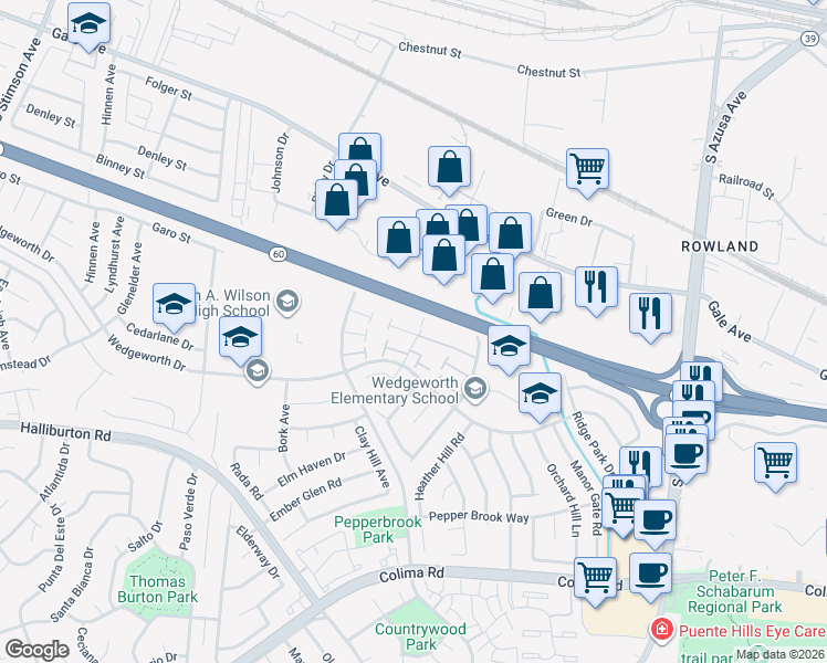 map of restaurants, bars, coffee shops, grocery stores, and more near 1437 Forest Glen Drive in La Puente