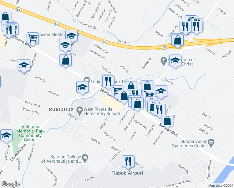 map of restaurants, bars, coffee shops, grocery stores, and more near 5721 Mission Boulevard in Riverside
