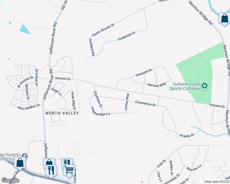 map of restaurants, bars, coffee shops, grocery stores, and more near 599 Vincent Drive in Athens