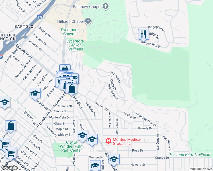 map of restaurants, bars, coffee shops, grocery stores, and more near 5208 Rideout Way in Whittier