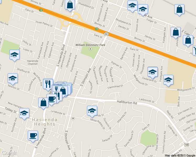 map of restaurants, bars, coffee shops, grocery stores, and more near 1748 Charlemont Avenue in Hacienda Heights